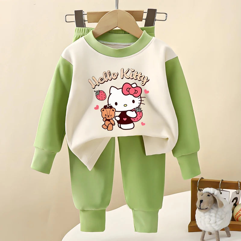 Sanrio Autumn Hello Kitty Printed Children Long Sleeve Pajamas Sets Soft Girls Home Clothes Suit Kids Casual Sleepwear Set