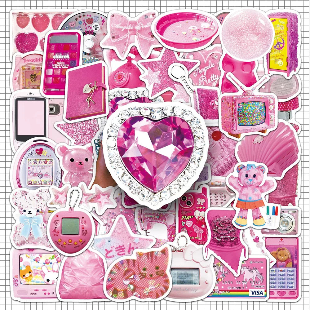 10/30/50pcs Cool Pink Y2K Kawaii Girls Stickers Aesthetic Cartoon Decoration Decals DIY Laptop Phone Graffiti Kids Sticker Toys