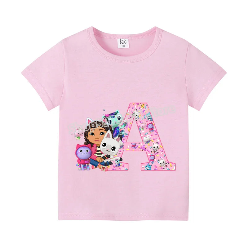 New Gabby Dollhouse T-shirt for Child A-Z Letters Tee Fashion Tops Cute Cartoon Girl Clothes Anime Kids Summer Short Sleeve Gift