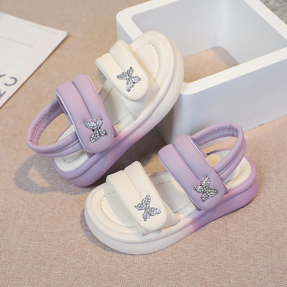 Korean Style Princess Sandals For Girls Rhinestone Butterfly Teenager Girl's Sandals Trend Fashion Teenager Beach Sandals Kids