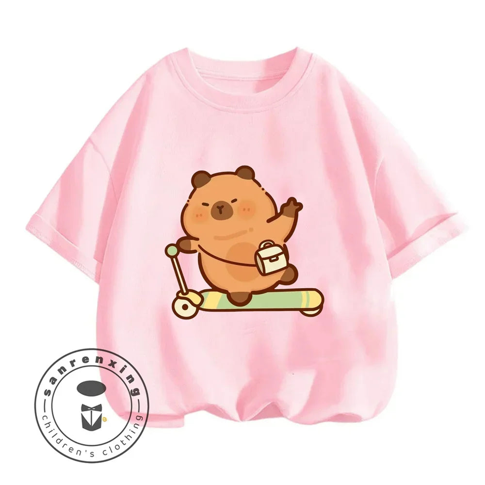Sanrio Kids Summer T-shirt Cute Capybara Print Cotton Short Sleeve/Shorts Fashion Set for Boys and Girls