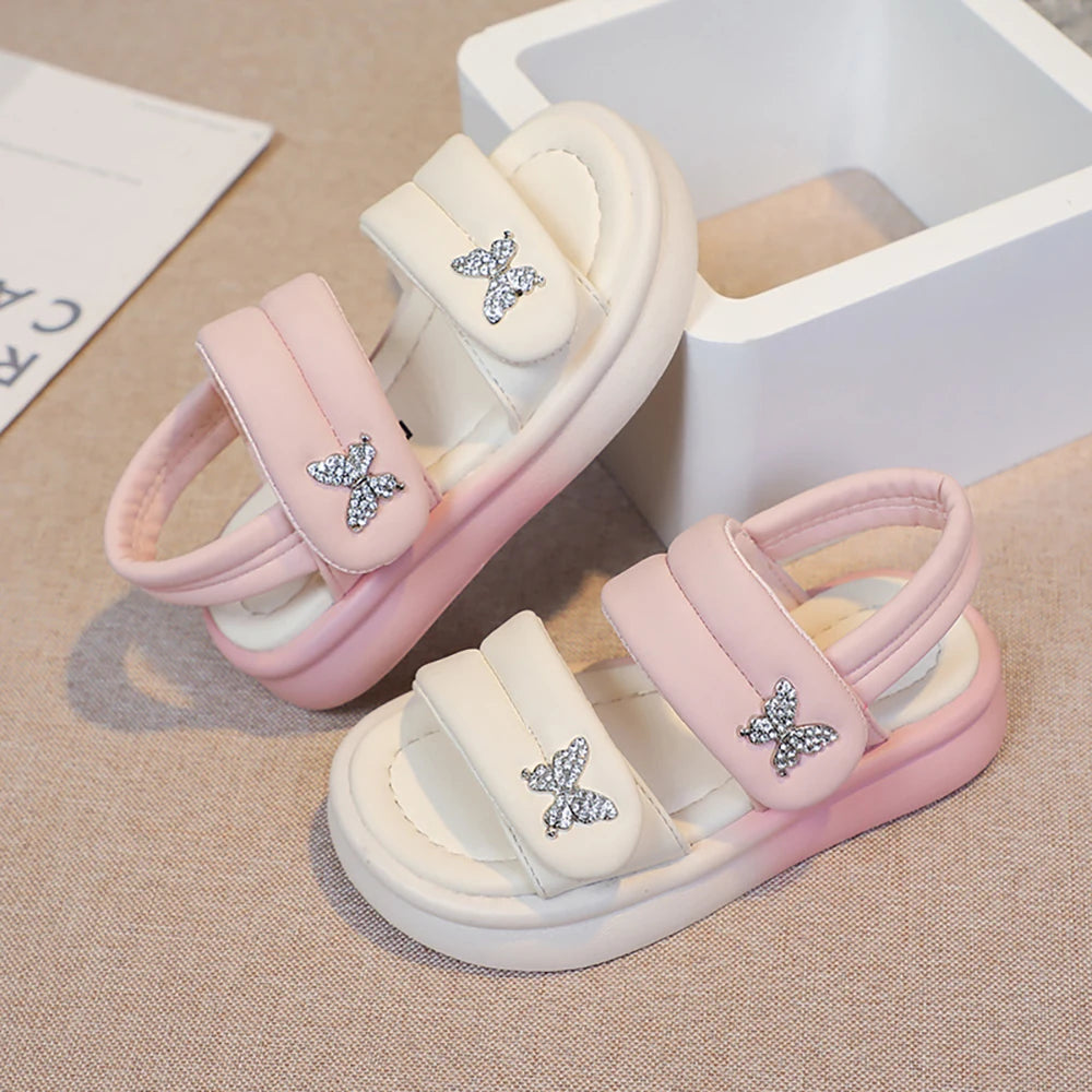 Korean Style Princess Sandals For Girls Rhinestone Butterfly Teenager Girl's Sandals Trend Fashion Teenager Beach Sandals Kids