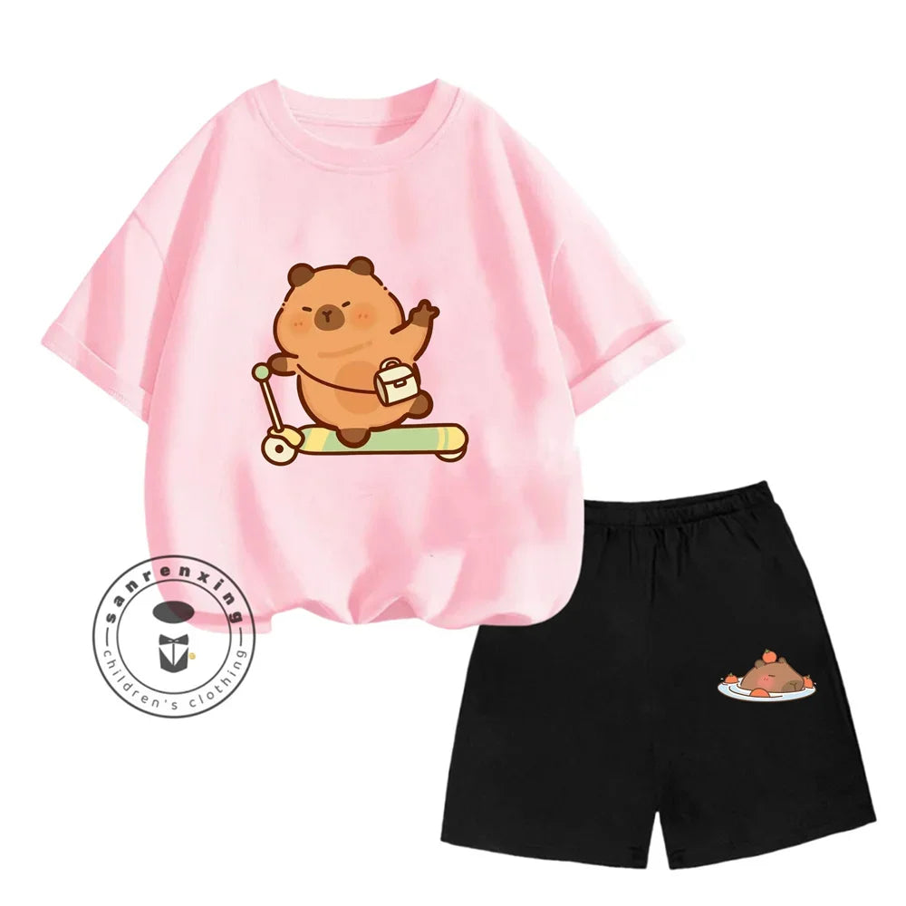 Sanrio Kids Summer T-shirt Cute Capybara Print Cotton Short Sleeve/Shorts Fashion Set for Boys and Girls