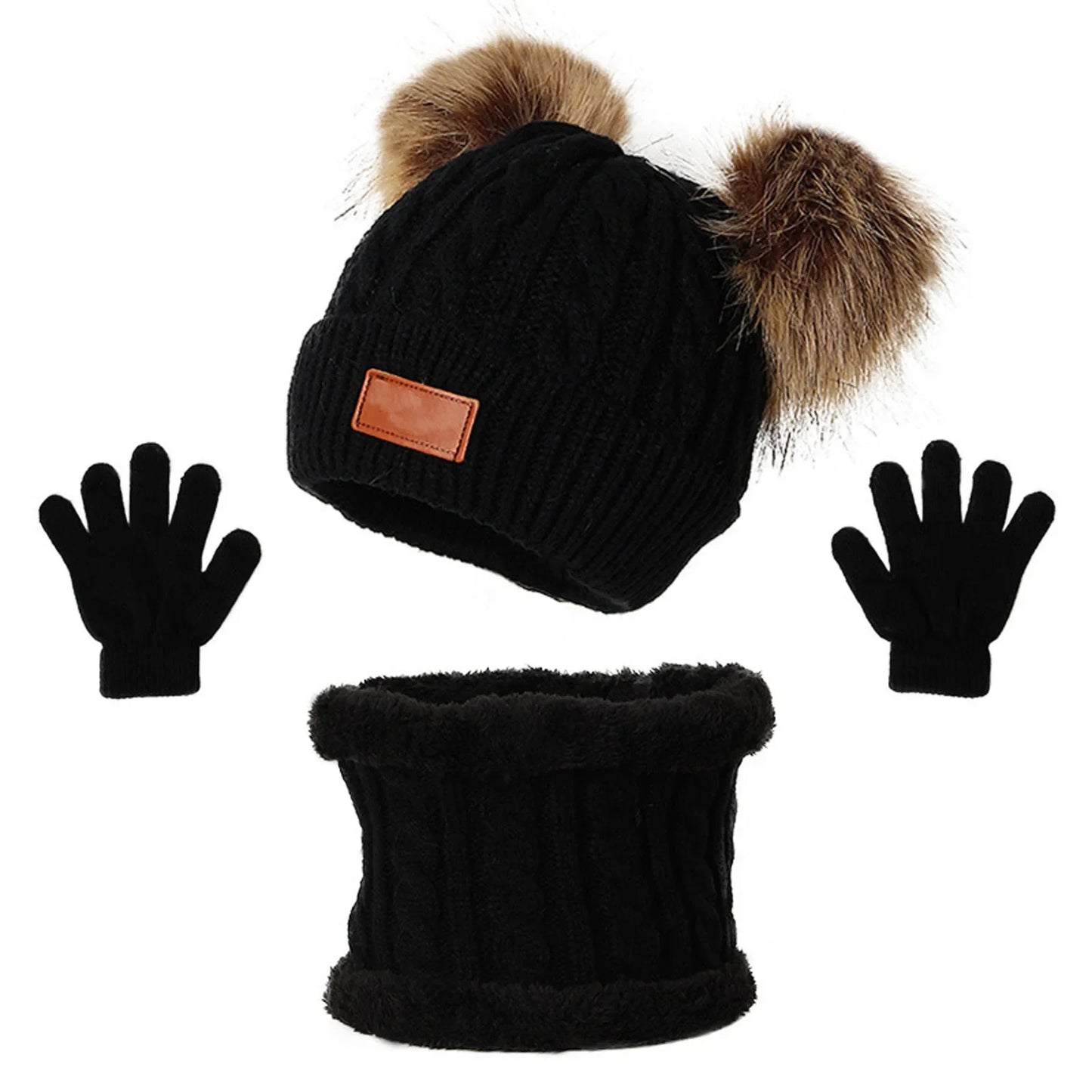 3pcs 2025 New Winter Toddler Kids Warm Knitted Pompom Hat Winter Solid Cap Scarf Glove Child Winter Warm Set Gifts For Kids