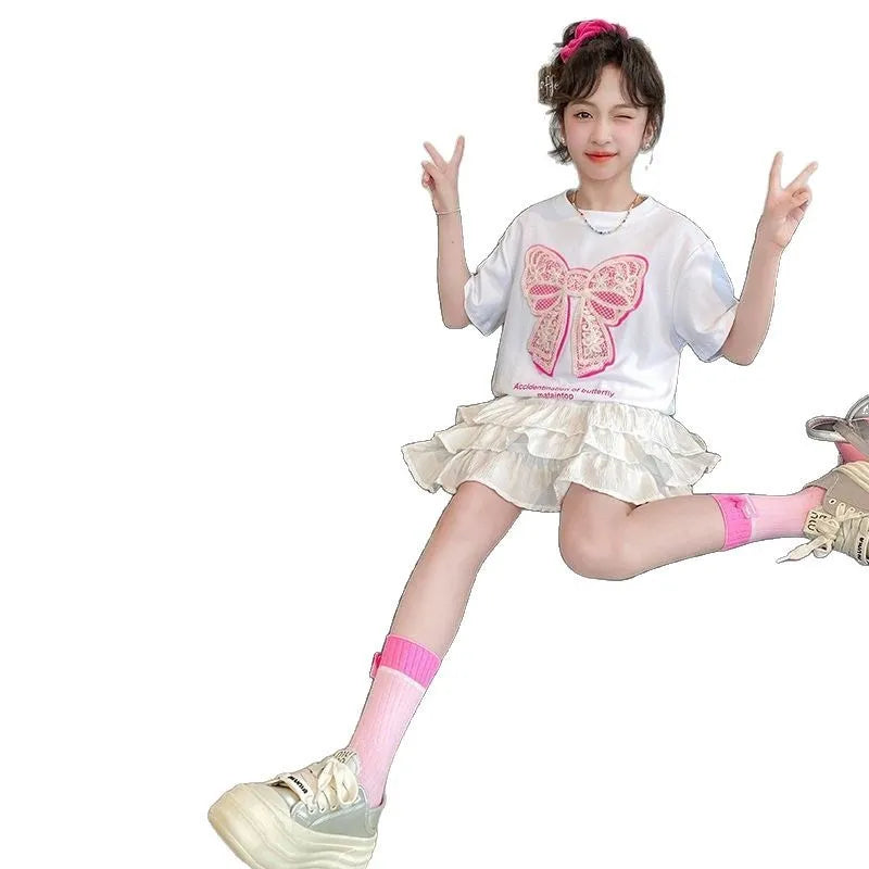 2025 teenager Summer Kids Girls clothes short Sleeve cotton crop top bow t-Shirt top and Tiered Pleated Skirt 5 6 7 8 9 12 year