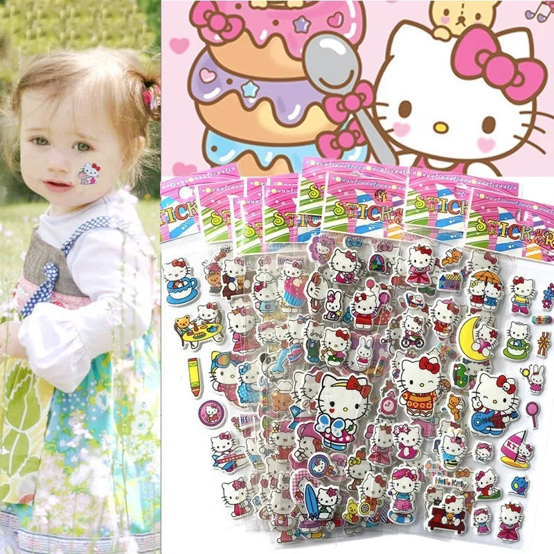 12pcs Kawaii Hello Kitty Stickers 3D Bubble Decoration Cute Children Reward Puffy Book Sticker Pack Stationery Supplies Kids Toy