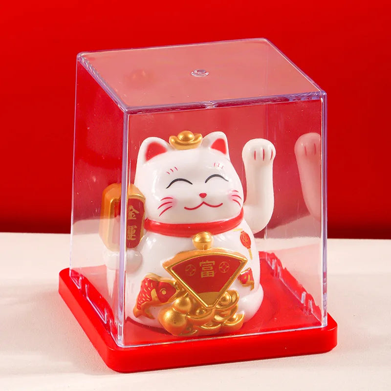 Solar Powered Maneki Neko Lucky Cat Welcoming Chinese Lucky Cat Waving Hand Beckoning Fortune Cat Figurines For Home Decor