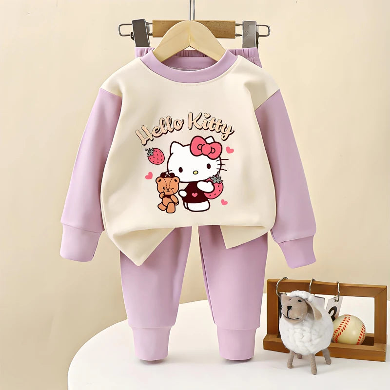 Sanrio Autumn Hello Kitty Printed Children Long Sleeve Pajamas Sets Soft Girls Home Clothes Suit Kids Casual Sleepwear Set