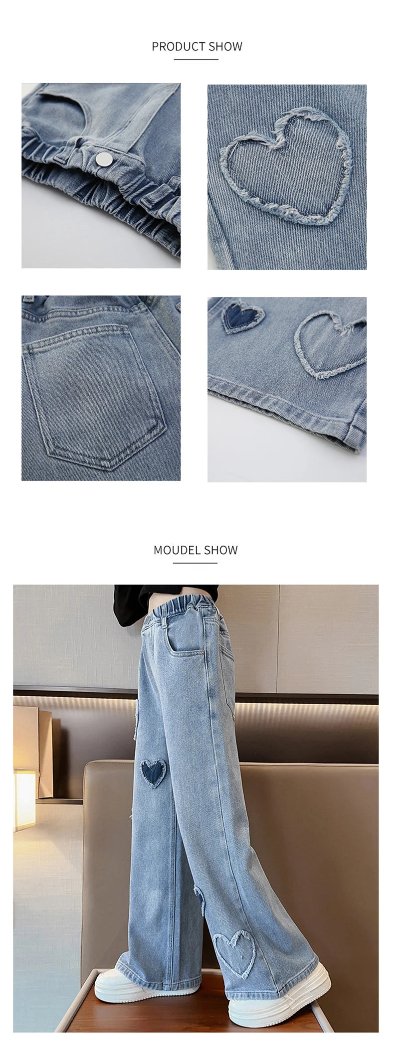 New Fashion Teenager Girls Denim Wide Leg Pants Children Trousers Spring Autumn Love Pattern Girls Jeans 5-14 Years Kids Clothes