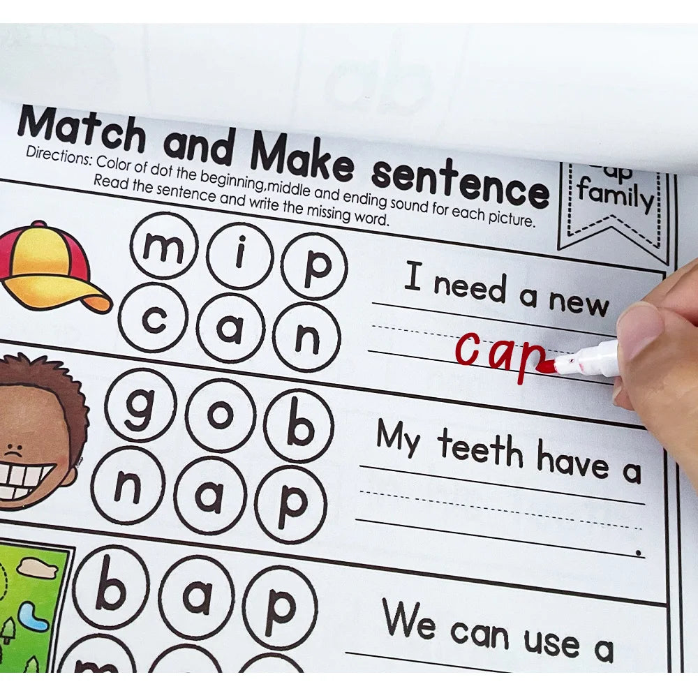 2books English CVC Words Phonics Workbook Language Arts Skills book for Kids children read & match & sound & sentence Worksheet