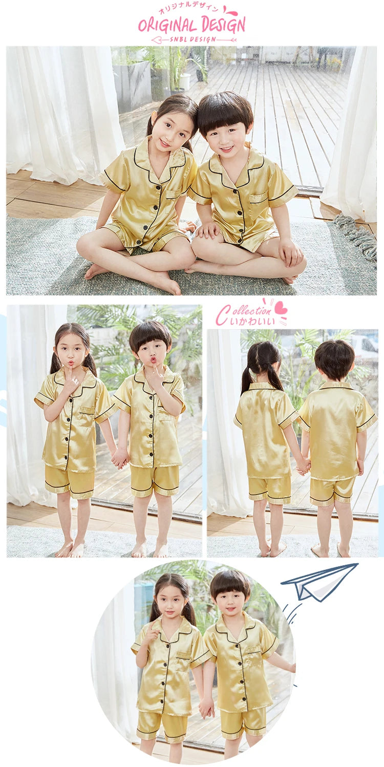 Summer Short Sleeve Kids Pajamas Sets Satin Silk Button Down Loungewear Girls Sleepwear Boys Clothing Sets Children Pyjamas Pjs