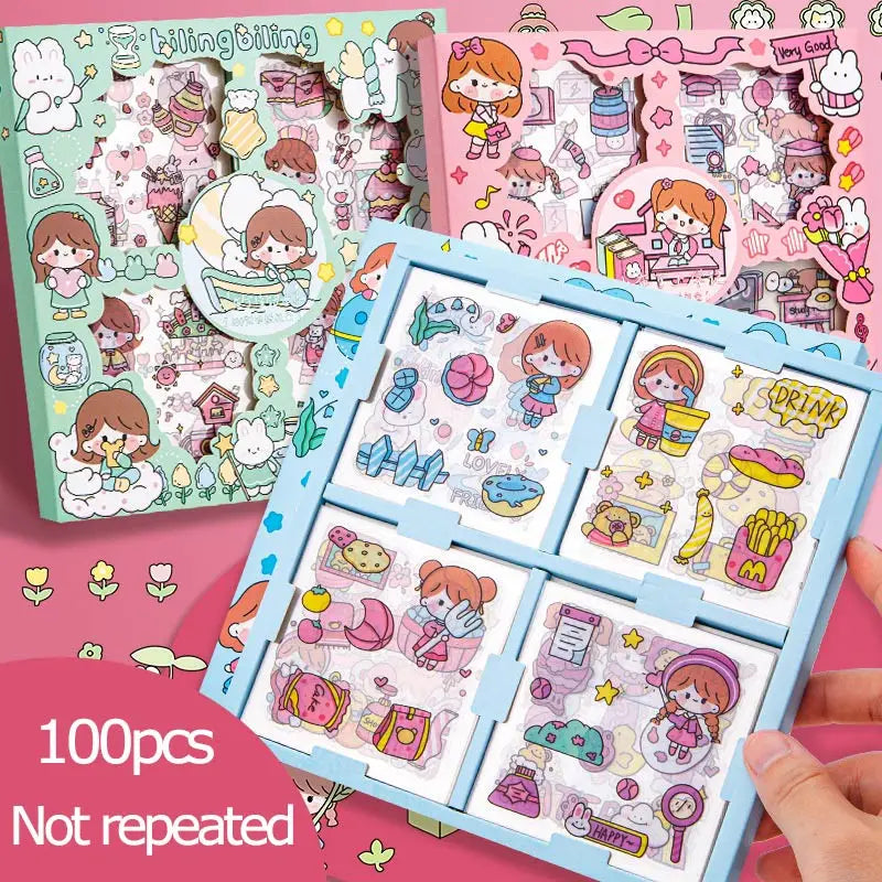 100 Pcs/Box Stickers for Kids Girls Set Kawaii Cartoon Decoration DIY Scrapbooking Waterproof Stationary Gift School Supplies