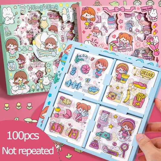 100 Pcs/Box Stickers for Kids Girls Set Kawaii Cartoon Decoration DIY Scrapbooking Waterproof Stationary Gift School Supplies