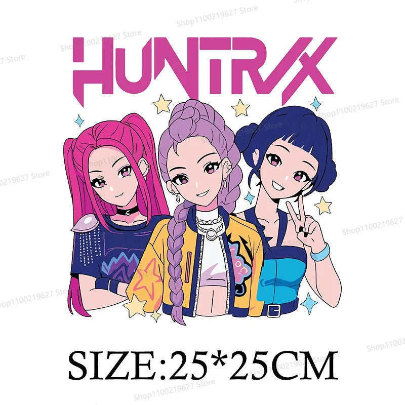 Kpop Demon Hunters Cartoon Patches for Clothes Vynil Heat Transfer Thermal Stickers DIY Kids T shirt Iron on for Women Appliqued
