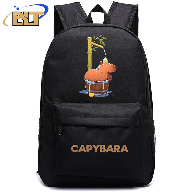 Cute Animal Capybara Print Black Backpack Teenager Student Schoolbag Boys Girls Gift