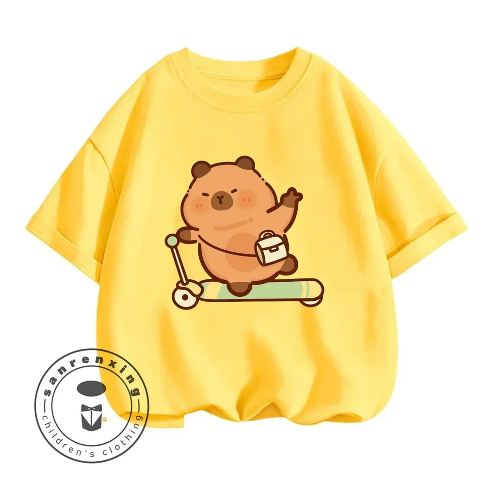 Sanrio Kids Summer T-shirt Cute Capybara Print Cotton Short Sleeve/Shorts Fashion Set for Boys and Girls