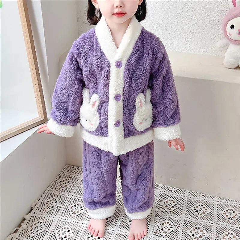 Autumn Winter Children Sleepwear Baby Pajamas Set Thick Flannel Fleece Child Sleepwear 2Pcs Sets Warm Home Suits Kids Clothes