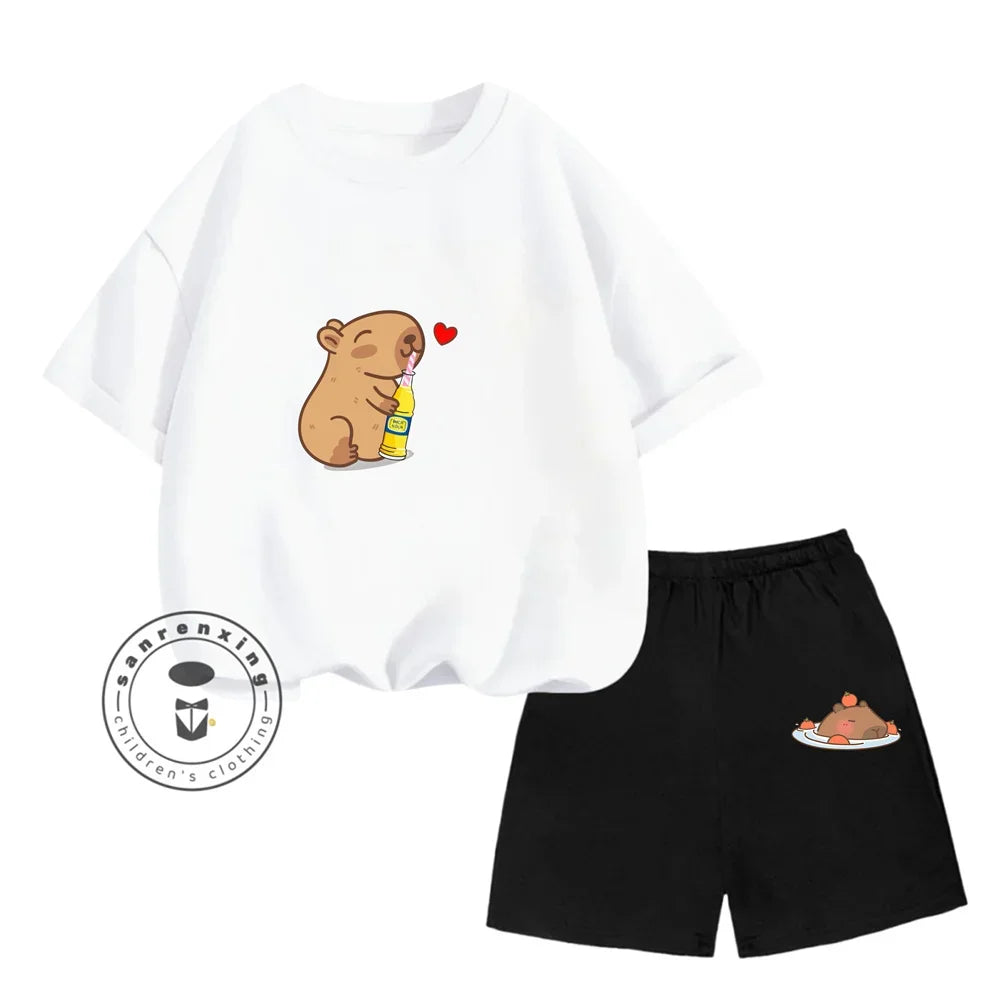 Sanrio Kids Summer T-shirt Cute Capybara Print Cotton Short Sleeve/Shorts Fashion Set for Boys and Girls