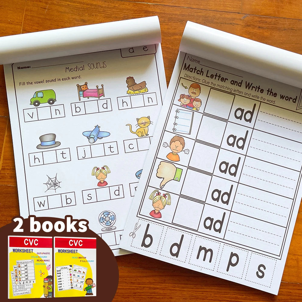 2books English CVC Words Phonics Workbook Language Arts Skills book for Kids children read & match & sound & sentence Worksheet