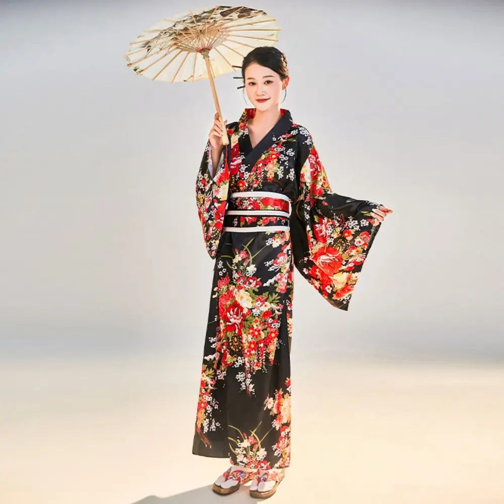 Cosplay Costume Traditional Japanese Kimono Japanese Style Printed Floral Sakura Girl Kimono Dress Asian Elegance