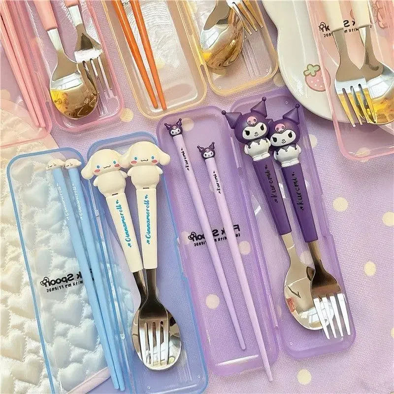 Sanrio Kuromi Hello Kitty Melody Kids Chopsticks Spoon Fork Set Cinnamoroll Stainless Steel Cutlery Set Students Gifts Tableware