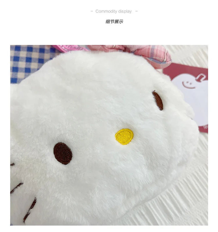 Miniso Cute Cartoon Hello Kitty Bow Crossbody Bag For Women Kawaii Fashion Plush White Kt Cat Shoulder Bag For Girls Kids Gifts