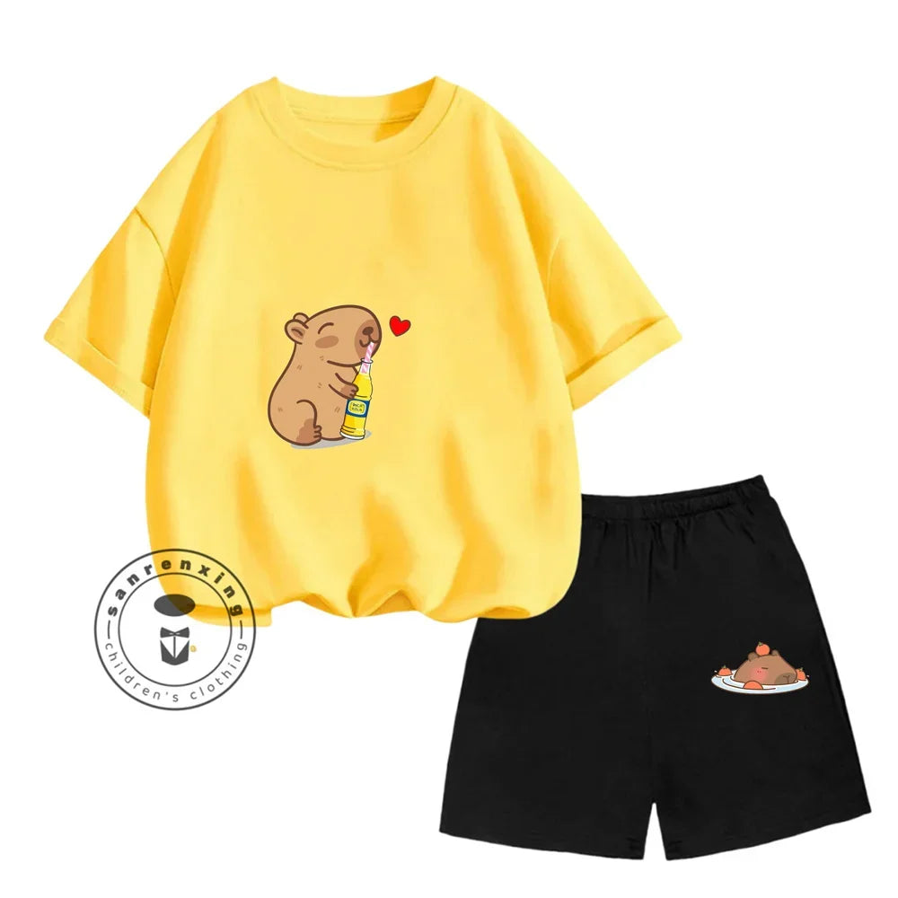 Sanrio Kids Summer T-shirt Cute Capybara Print Cotton Short Sleeve/Shorts Fashion Set for Boys and Girls