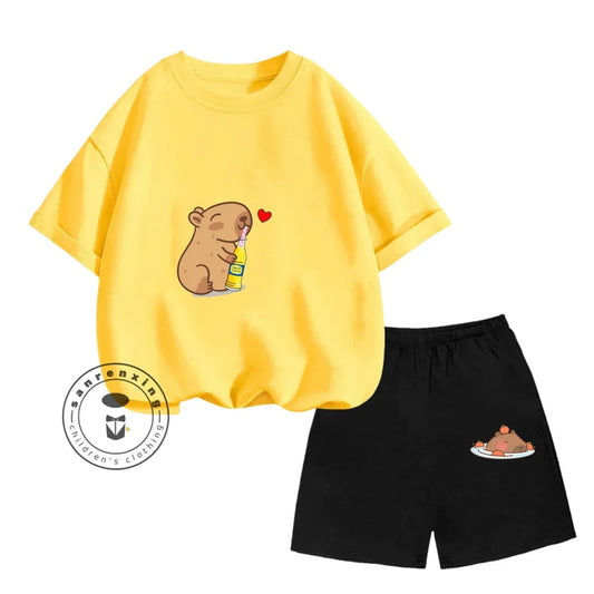 Sanrio Kids Summer T-shirt Cute Capybara Print Cotton Short Sleeve/Shorts Fashion Set for Boys and Girls