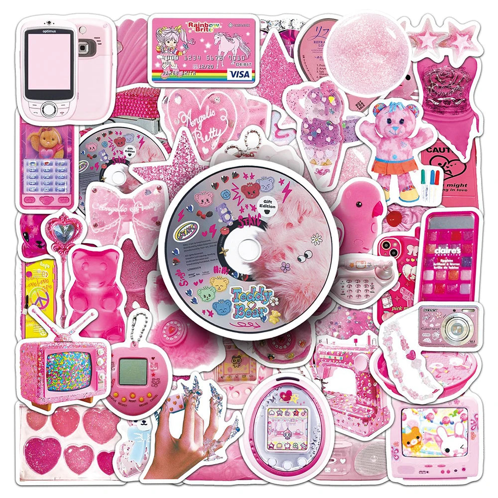 10/30/50pcs Cool Pink Y2K Kawaii Girls Stickers Aesthetic Cartoon Decoration Decals DIY Laptop Phone Graffiti Kids Sticker Toys