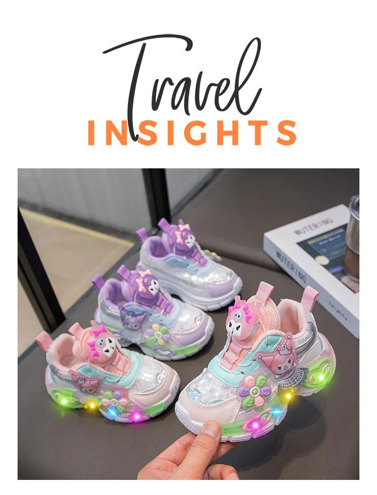 Kuromi LED Shoes Sanrio Kids Luminous Shoes Kawaii Kuromi Tennis Shoes Girls Casual Sneakers Lighted Rotating Button Shoes