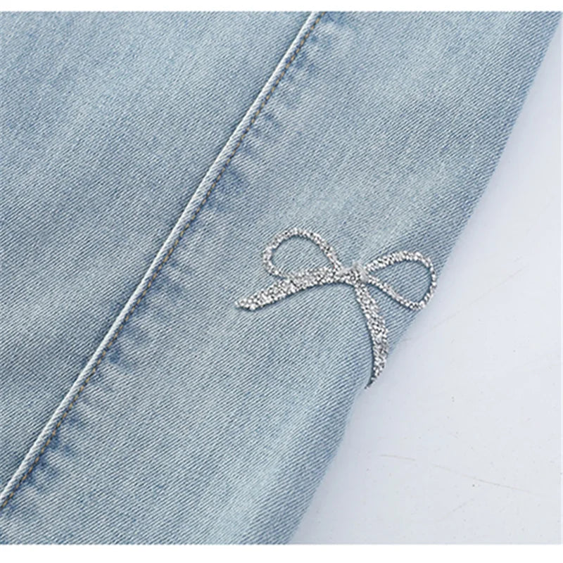 Jeans for Girls Fashion Clothes for Teenagers Solid Loose Kids Wide Leg Pants with Butterfly Children Denim Trousers Age 5-14T