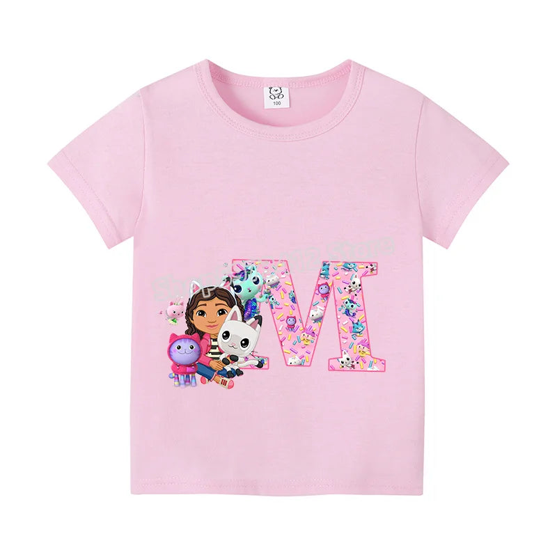 New Gabby Dollhouse T-shirt for Child A-Z Letters Tee Fashion Tops Cute Cartoon Girl Clothes Anime Kids Summer Short Sleeve Gift