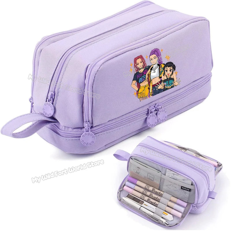 Kpop Demon Hunters High-capacity Pencil Bag Cartoon  Music Girl Pencilcase Rumi Mira Zoey Student Pen Case Kid School Stationery