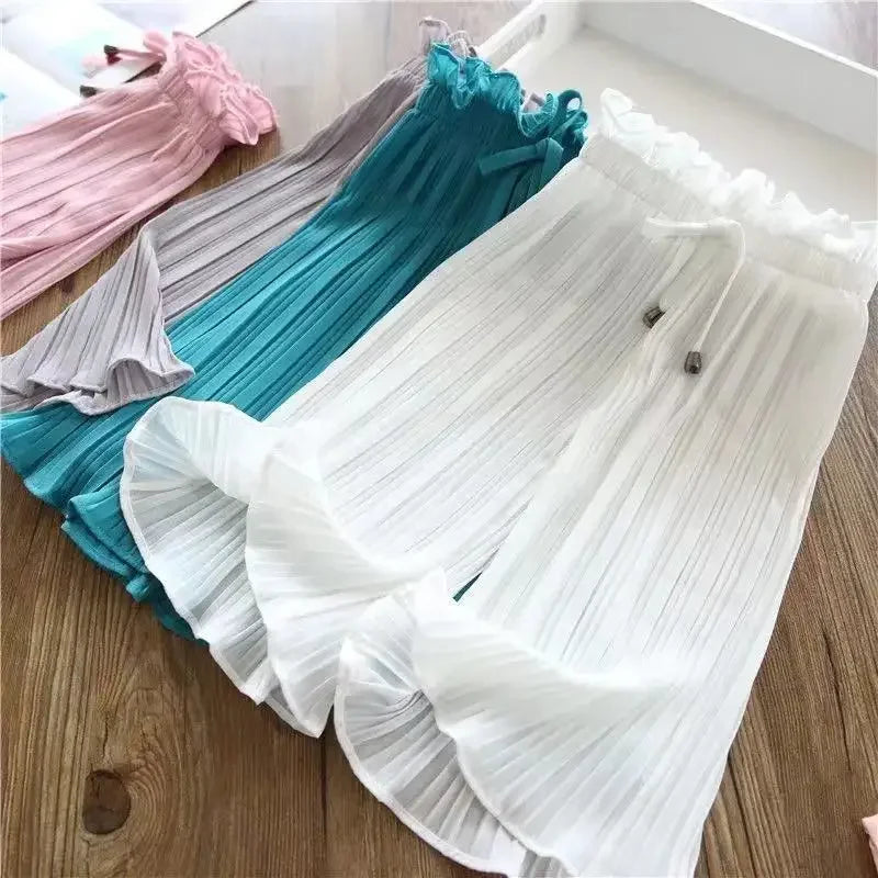 Childen's Girls Summer Ice Silk Wide Leg Pants Baby Fashion Lace Chiffon Waist Flare Trousers Kids Girl Loose Buttom Clothes