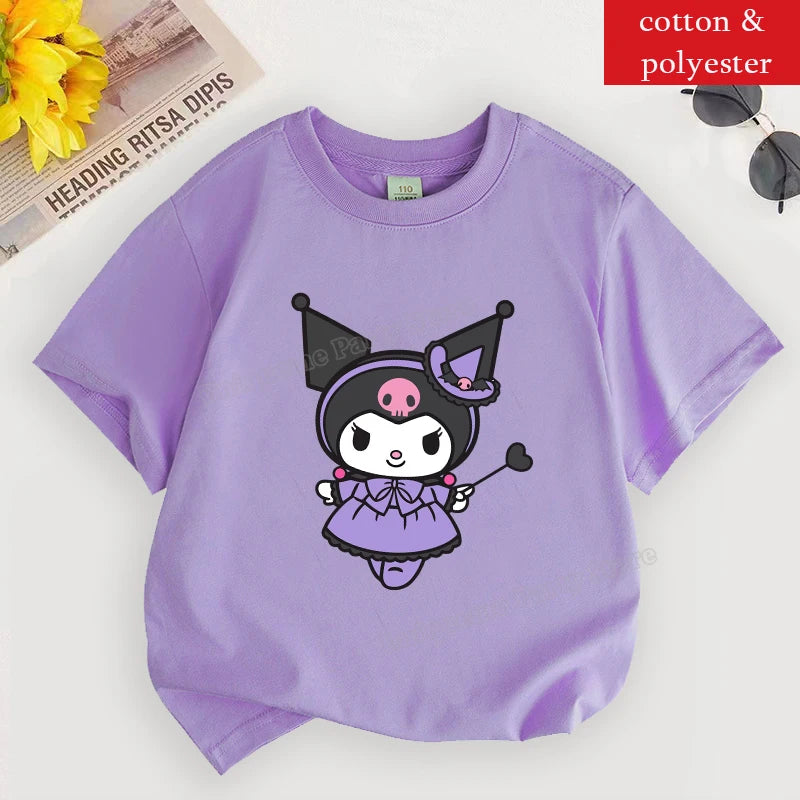 Kuromi T Shirt for Girl Sanrios Cartoon Children Clothes Korean Purple Kids T Shirt Short Sleeve Summer Casual Toddler Tee Tops