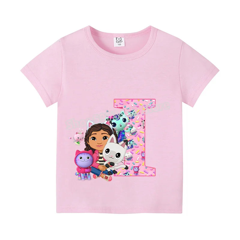 New Gabby Dollhouse T-shirt for Child A-Z Letters Tee Fashion Tops Cute Cartoon Girl Clothes Anime Kids Summer Short Sleeve Gift