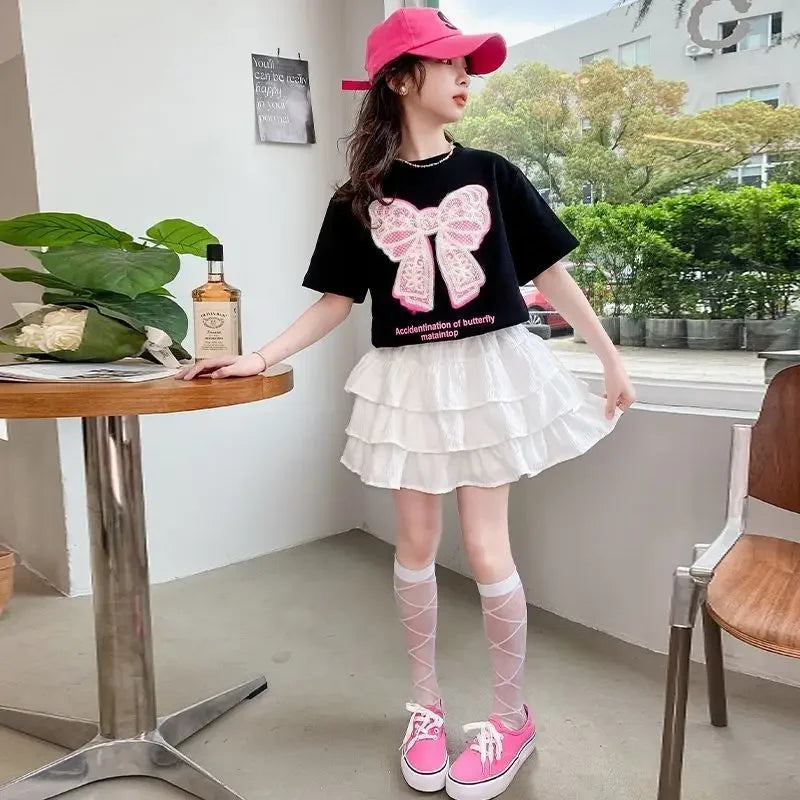 2025 teenager Summer Kids Girls clothes short Sleeve cotton crop top bow t-Shirt top and Tiered Pleated Skirt 5 6 7 8 9 12 year