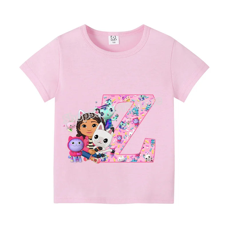 New Gabby Dollhouse T-shirt for Child A-Z Letters Tee Fashion Tops Cute Cartoon Girl Clothes Anime Kids Summer Short Sleeve Gift