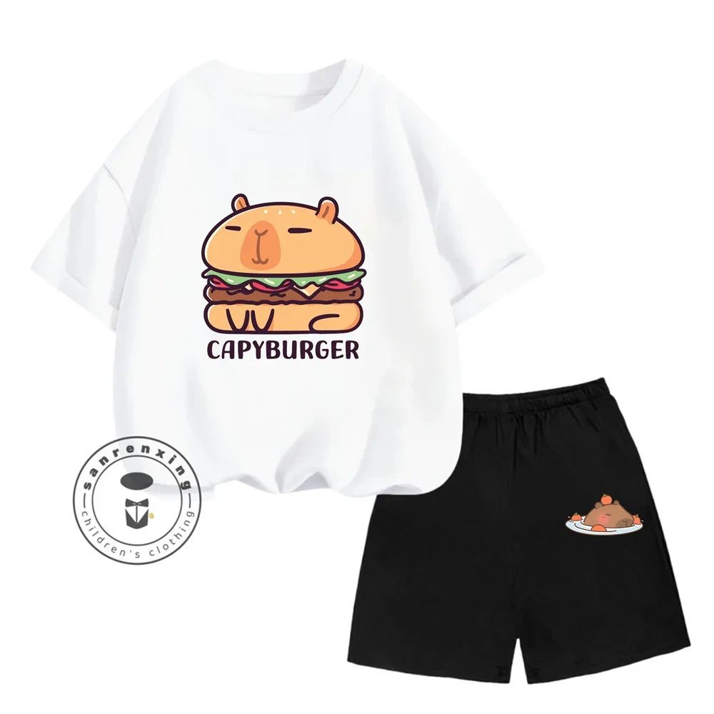 Sanrio Kids Summer T-shirt Cute Capybara Print Cotton Short Sleeve/Shorts Fashion Set for Boys and Girls