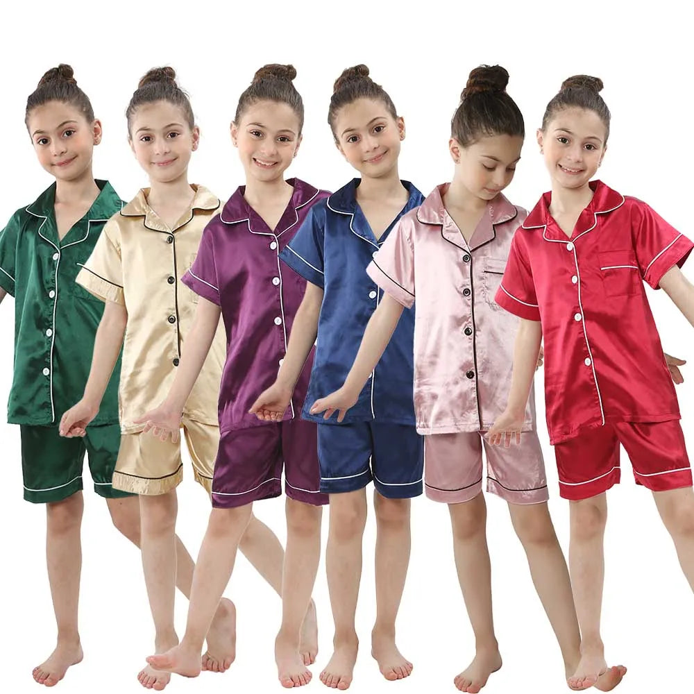 Summer Short Sleeve Kids Pajamas Sets Satin Silk Button Down Loungewear Girls Sleepwear Boys Clothing Sets Children Pyjamas Pjs