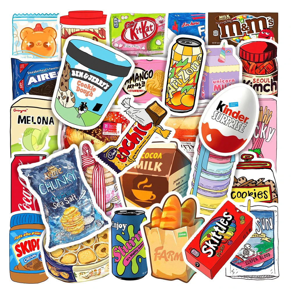 10/30/50pcs Kawaii Cartoon Snack Food Stickers Packaging Waterproof Graffiti Laptop Phone Bike Cute DIY Decals Sticker Toys