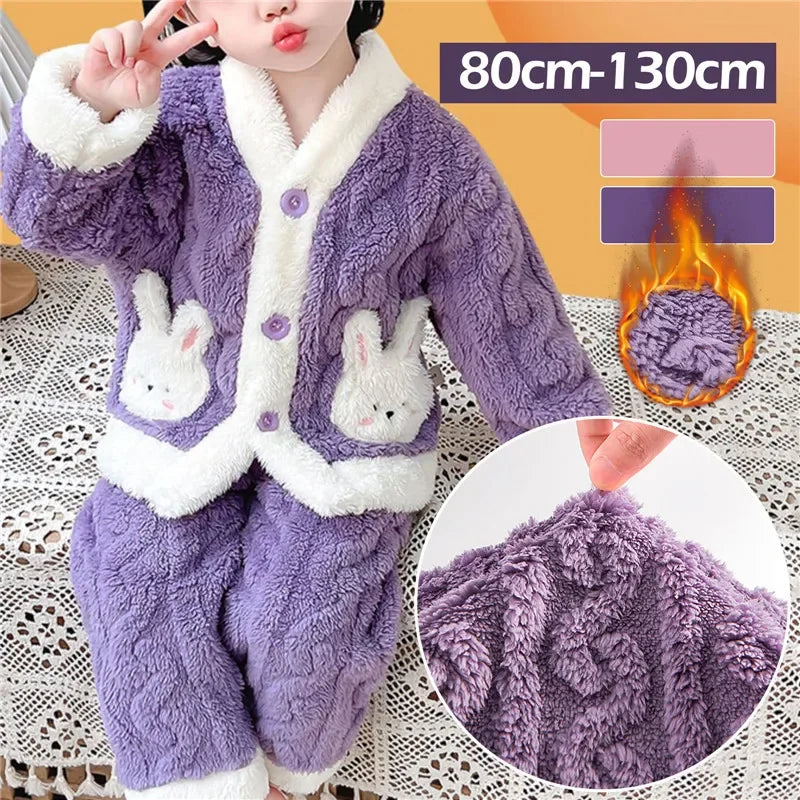Autumn Winter Children Sleepwear Baby Pajamas Set Thick Flannel Fleece Child Sleepwear 2Pcs Sets Warm Home Suits Kids Clothes
