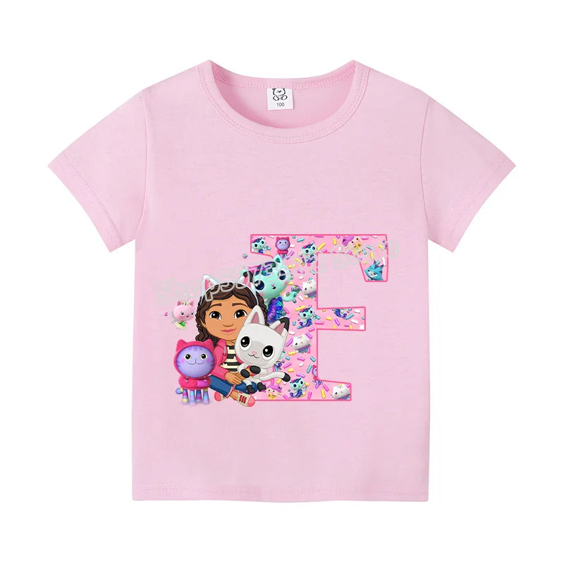 New Gabby Dollhouse T-shirt for Child A-Z Letters Tee Fashion Tops Cute Cartoon Girl Clothes Anime Kids Summer Short Sleeve Gift