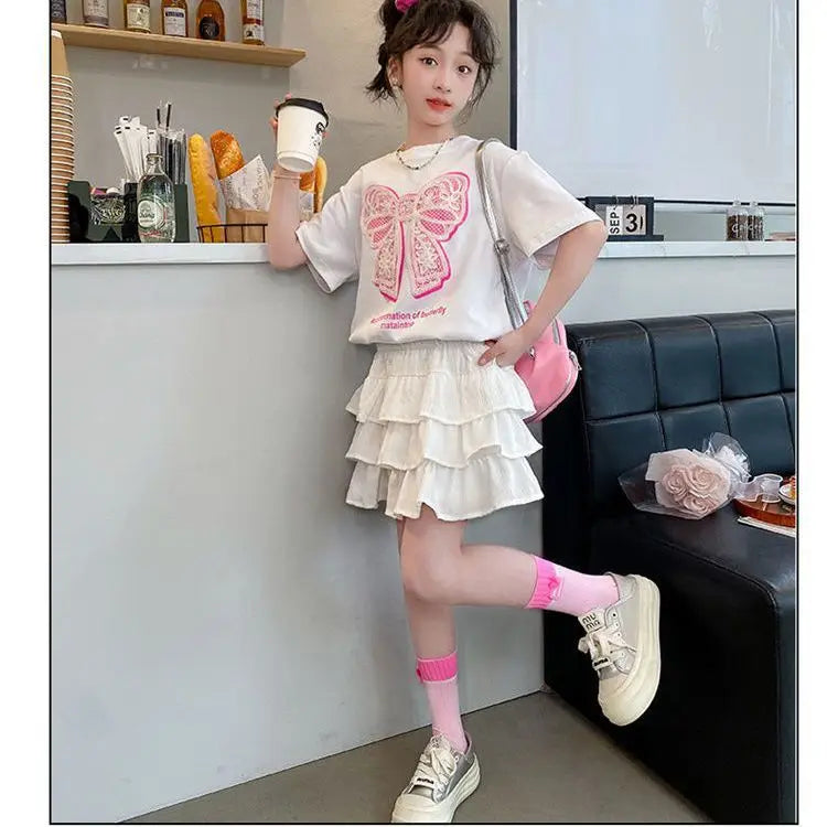 2025 teenager Summer Kids Girls clothes short Sleeve cotton crop top bow t-Shirt top and Tiered Pleated Skirt 5 6 7 8 9 12 year