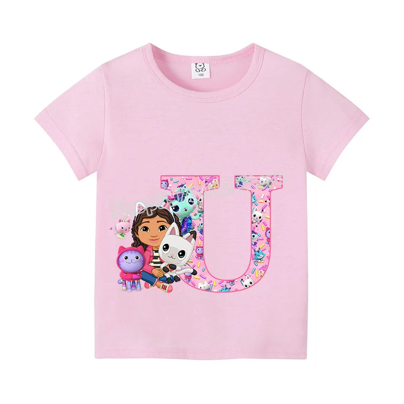 New Gabby Dollhouse T-shirt for Child A-Z Letters Tee Fashion Tops Cute Cartoon Girl Clothes Anime Kids Summer Short Sleeve Gift