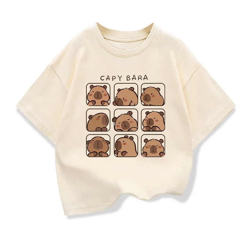 Cute Capibara Printed Cartoon T Shirt For Kids 2025 New Children's Summer Clothes Loose Short Sleeve T-shirts Kids Cotton Tee