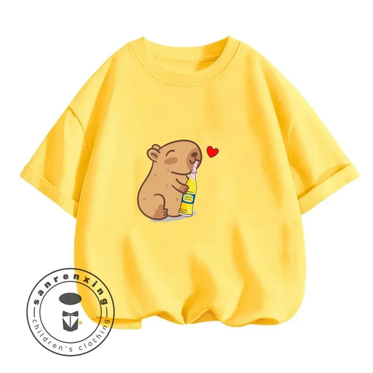 Sanrio Kids Summer T-shirt Cute Capybara Print Cotton Short Sleeve/Shorts Fashion Set for Boys and Girls