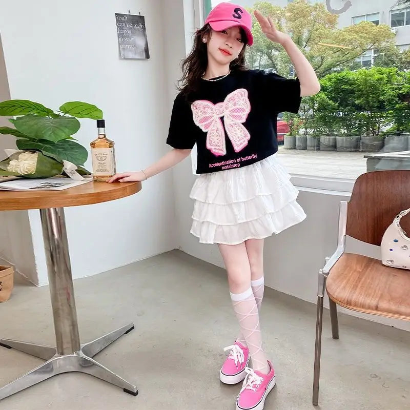 2025 teenager Summer Kids Girls clothes short Sleeve cotton crop top bow t-Shirt top and Tiered Pleated Skirt 5 6 7 8 9 12 year