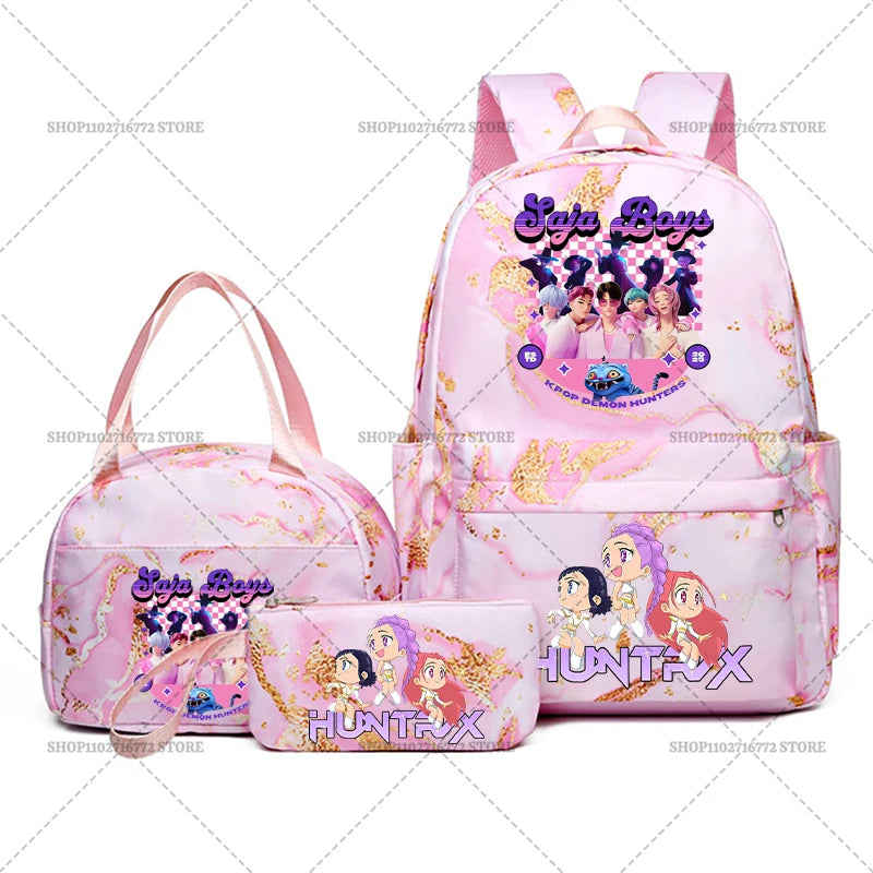 3pcs Movie Kpop Demon Hunters Backpack Lunch Bag Pencil Case Set Student Anime Fashion Schoolbag Pen Case Bento Pouch Suit Gifts