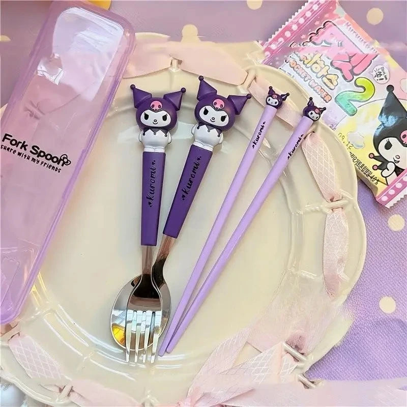 Sanrio Kuromi Hello Kitty Melody Kids Chopsticks Spoon Fork Set Cinnamoroll Stainless Steel Cutlery Set Students Gifts Tableware